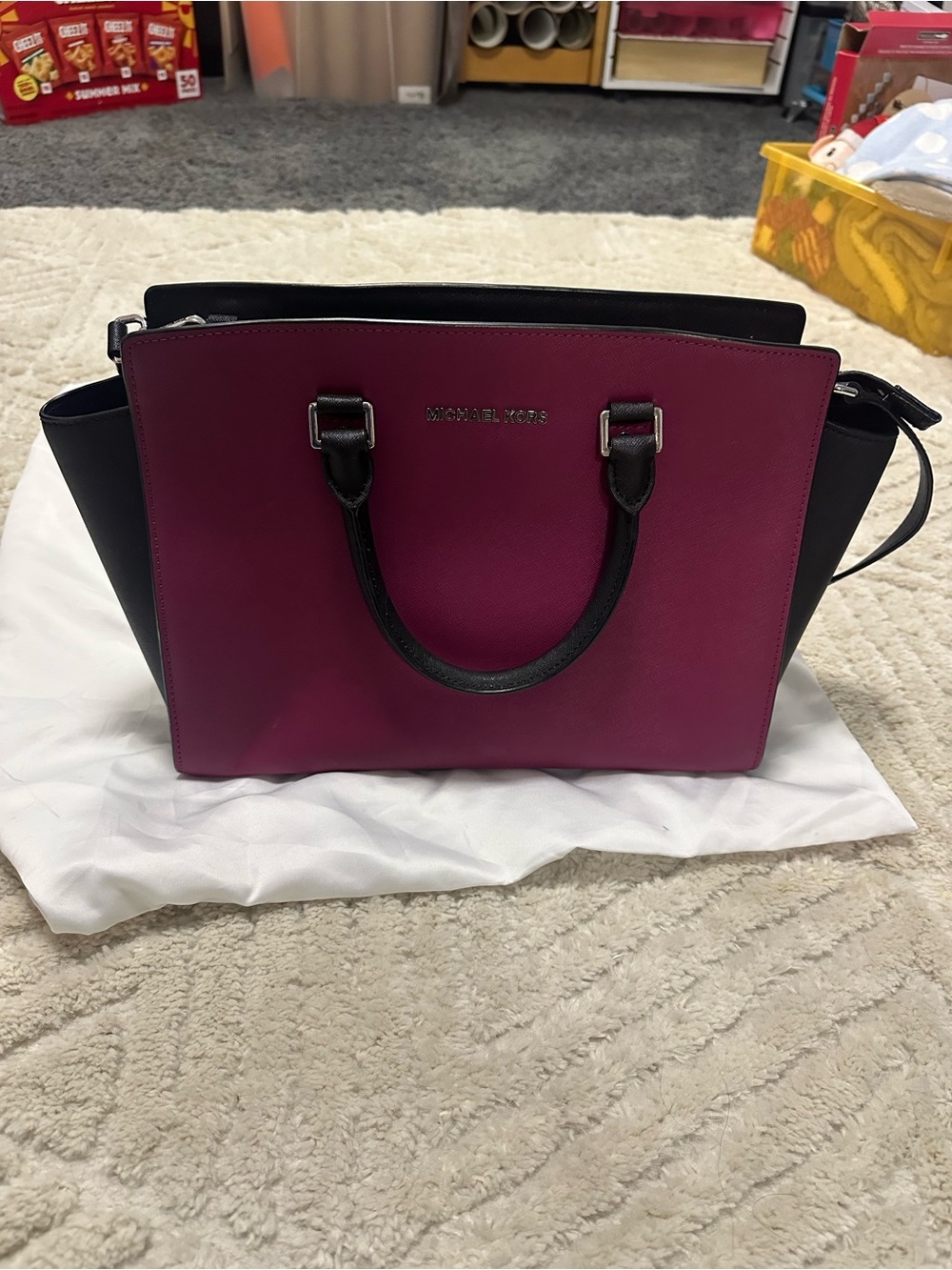 Michael Kors Fuchsia and Black Saffiano Satchel